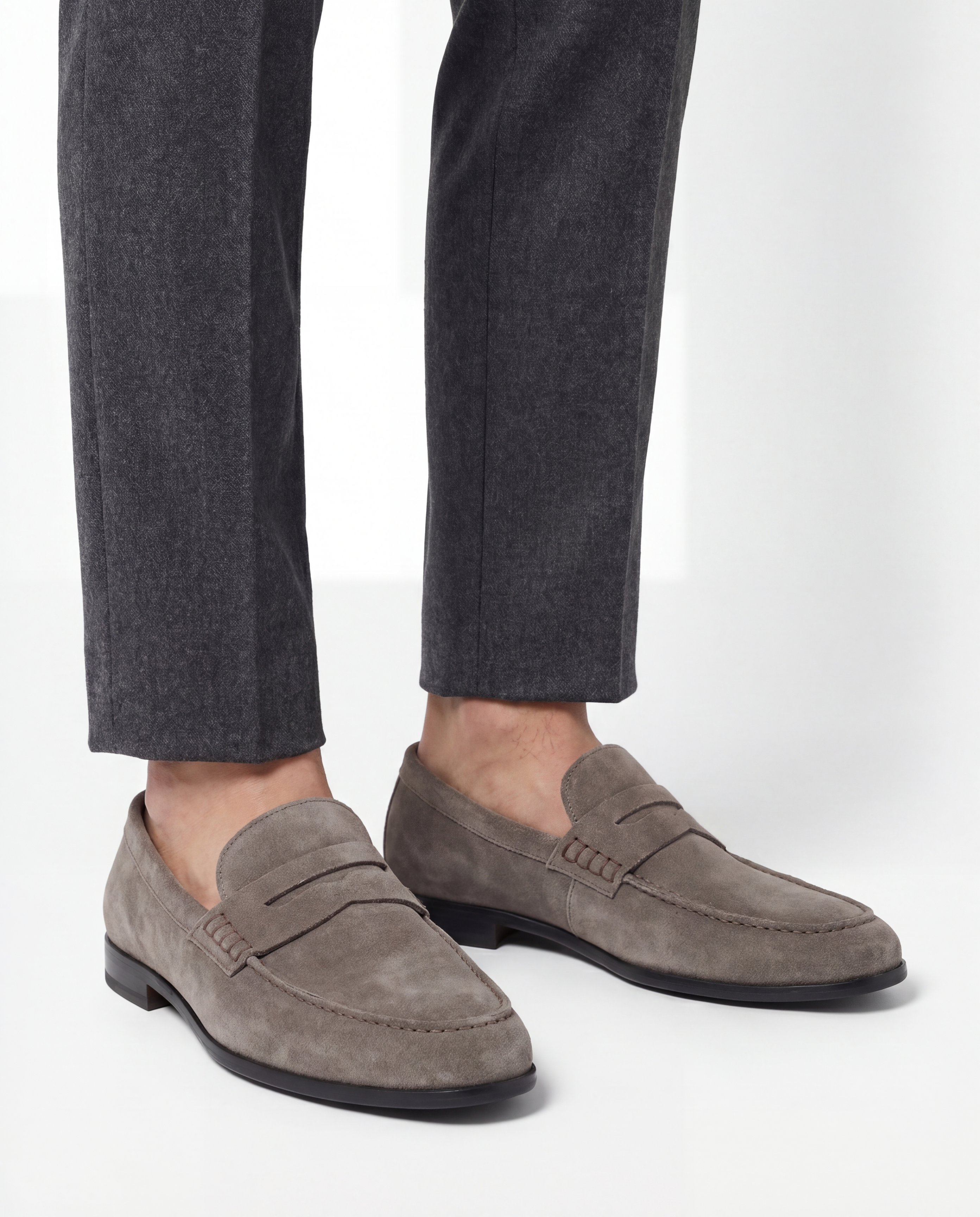GREY SUEDE PENNY LOAFERS